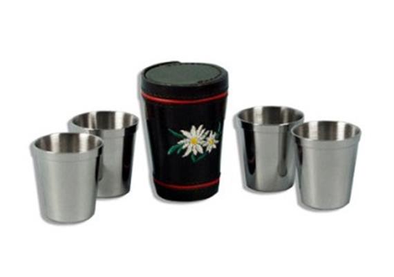 Becher 9cl 4Stk. Lederetui Edelweiss gestickt Becher 9cl 4Stk. Lederetui Edelweiss gestickt