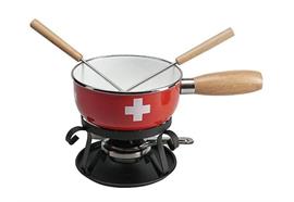 Käsefondue-Set Emaille CH-Kreuz 16 cm rot