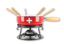 Käsefondue Set Emaille CH-Kreuz 9-teilig rot