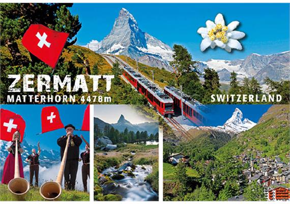 Magnet Zermatt 4-Bild mit Fahne und Edelweiß