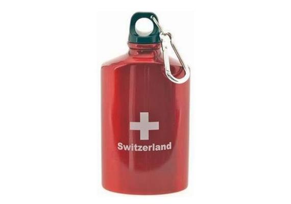 Metall-Feldflasche rot m/ CH-Kreuz & Karabiner 5dl