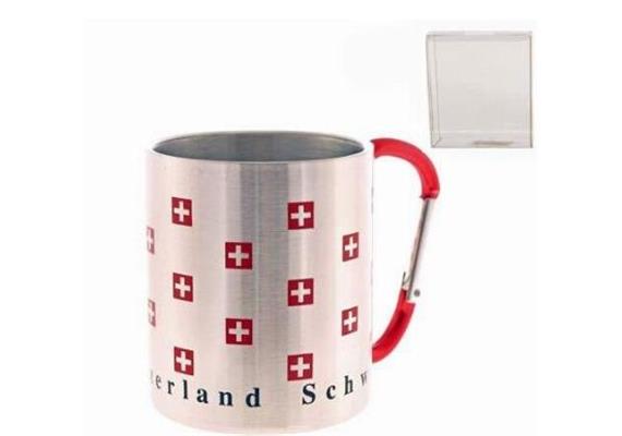 Metall Mugbecher mit Karabiner CH-Kreuze, Metall Mugbecher mit Karabiner CH-Kreuze,