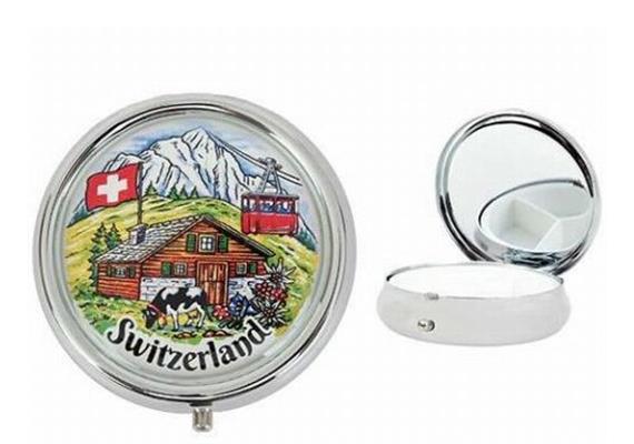 Metall-pillendose rund 5 cm mit Chalet Suisse