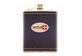 Metall-Taschenflasche 6oz, Leder schwarz mit CH-Kr