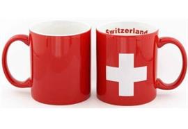 Mugbecher, Porzellan rot mit CH-Kreuz & Schrift Sw