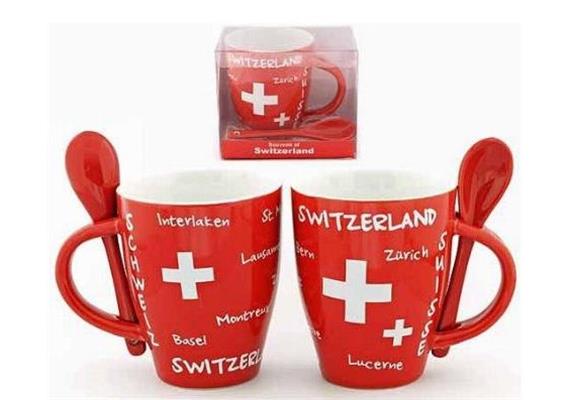 Mugbecher, Porzellan rot mit Löffel