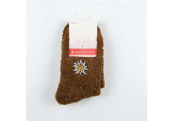 Plüscksocken braun mit Stickerei Edelweiss