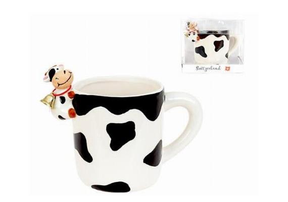 Porz.-Mugbecher mit Kuh auf Rand. schwarz/weiss, Porz.-Mugbecher mit Kuh auf Rand. schwarz/weiss,