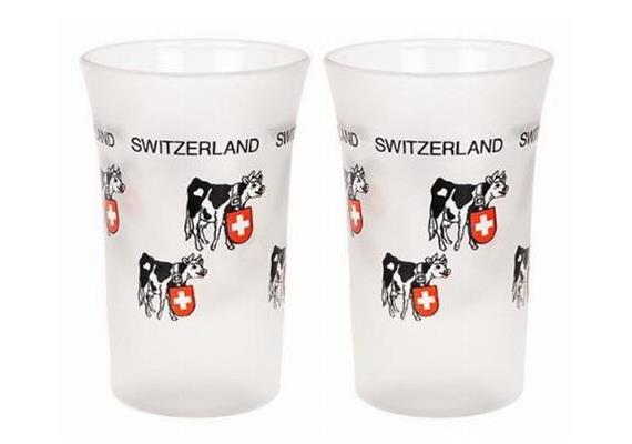 Schnaps-Stamper, satiniert Dekor Kühe mit CH-Kreuz