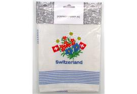 Waffeltuch weiss, Streifen blau 50x70cm Alpenblumen