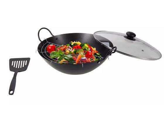 Wok, Stahl, Ø 35 cm, mit 2 Griffen, Glasdeckel Wok, Stahl, Ø 35 cm, mit 2 Griffen, Glasdeckel